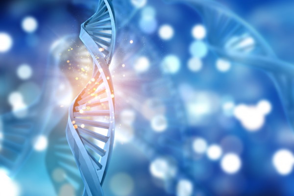 Blue DNA strand closeup with blue abstract background